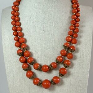 Vintage Double Strand Lucite Orange Beaded Necklace Brass Tone Caps Floral Clasp